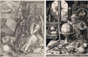À gauche : Albrecht Dürer, Mélancolie I (1514) ; à droite : interprétation par Midjourney d'une allégorie de la "Mélancolie" dans le style de Dürer.
